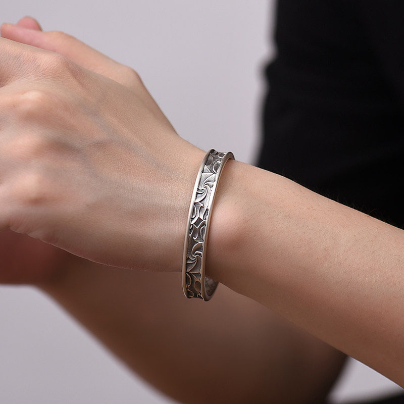 Pure Silver 9999 Lingyun Bracelet, Exquisite Vintage-Style Embossed Floral Solid Open-Ended Sterling Silver Bracelet, Gift for Boyfriend