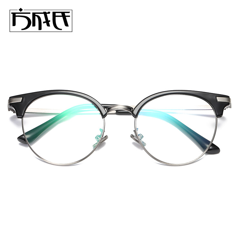 Metal round frame glasses female myopia radiation-proof radiation-proof and semi-frame male brow line art black matching glasses Korean version 3057