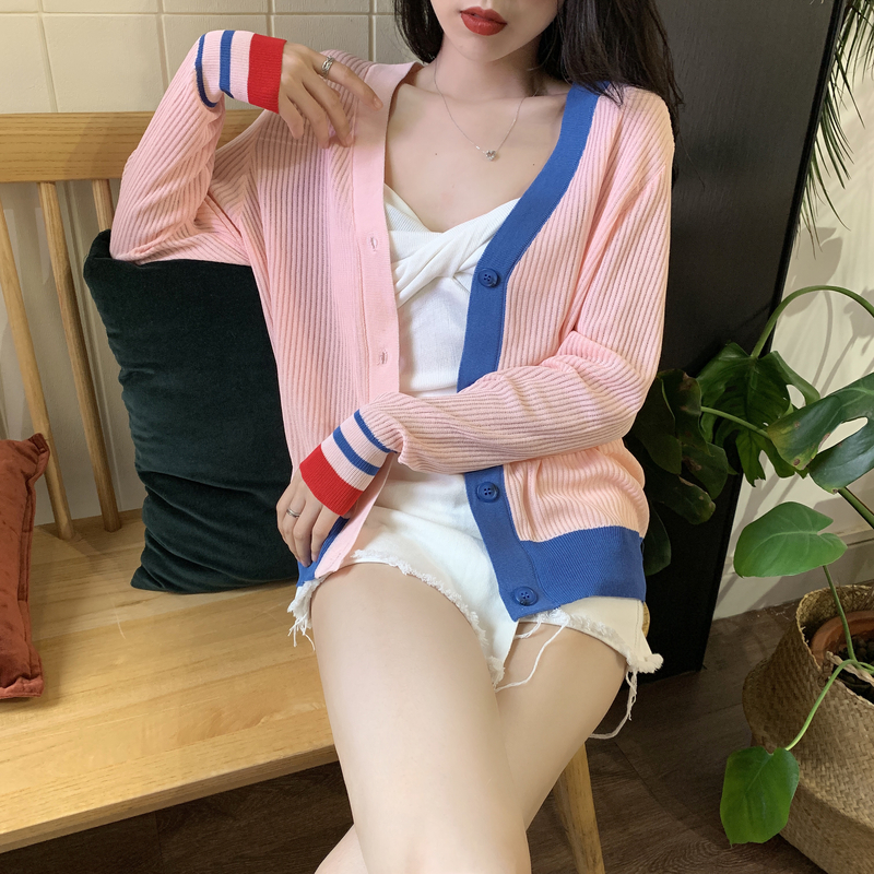 VK旗艦店 韓國風拼接撞色V領針織單品外套