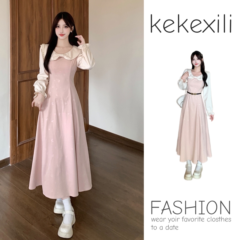 French-Style Pink Doll Collar Fake Two-Piece Dress for Women, Spring and Autumn, Plus Size, Slimming, Sweet Dopamine Long Dress