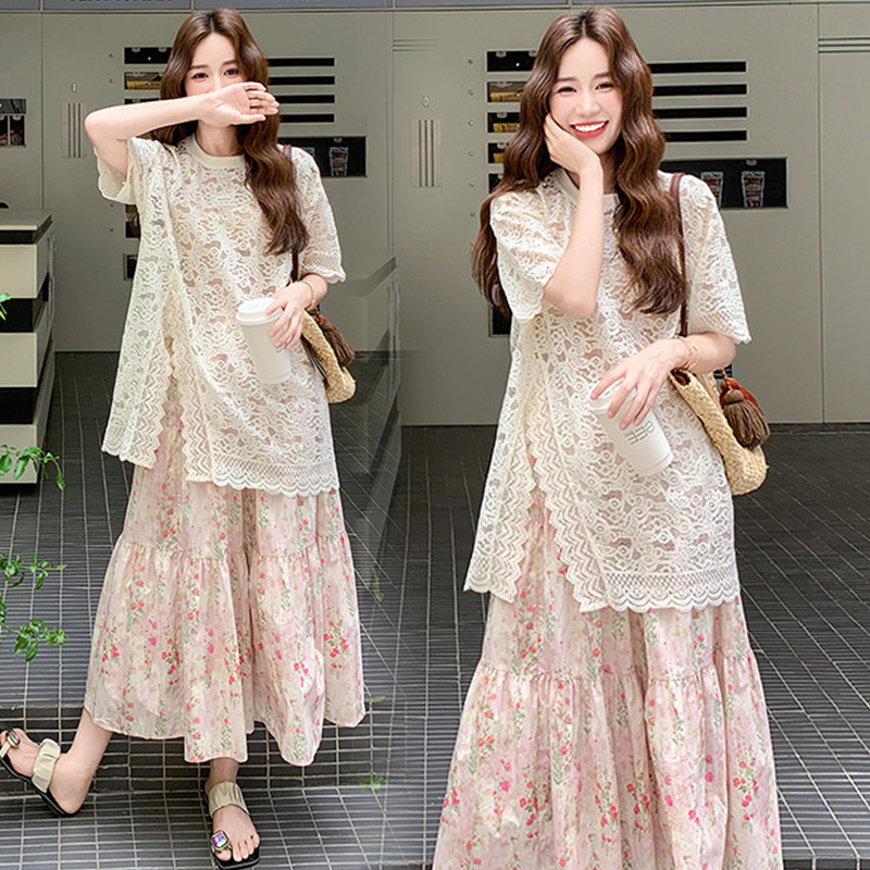 Plus Size Sweet Girly Style Lace Floral Two-Piece Set for Women 2026 Summer Fat Girl Pure Desire Short-Sleeved Top and Skirt Set Plus Size Sweet Girly Style Lace Floral Two-Piece Set for Women 2026 Summer Fat Girl Pure Desire Short-Sleeved Top and Skirt Set
