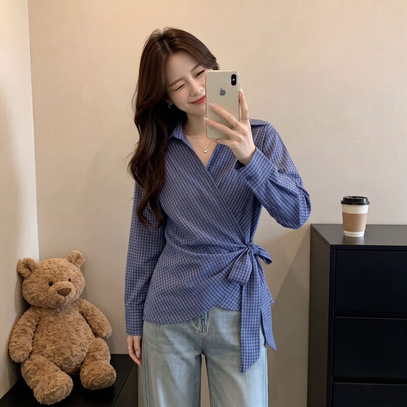 Elegant Plaid Shirt with Turn-Down Collar for Women, 2026 New Autumn Style, Plus Size, Tie-Waist, Irregular Hem Top