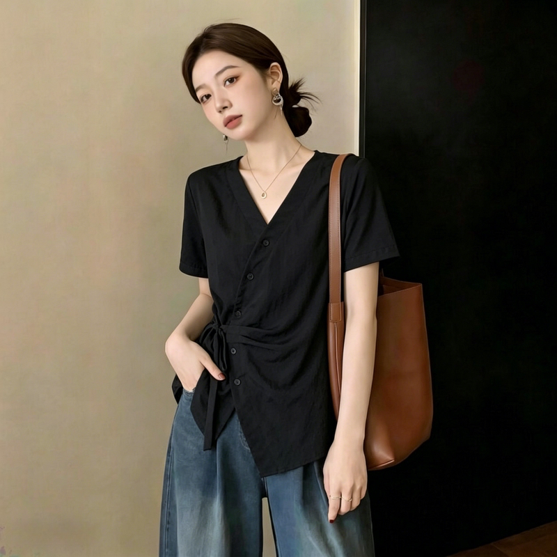 Plus-Size Designer-Inspired Niche V-Neck Short-Sleeve Black Shirt for Women, Summer Asymmetrical Waist-Cinching Unique Top for Slightly Plump Women Plus-Size Designer-Inspired Niche V-Neck Short-Sleeve Black Shirt for Women, Summer Asymmetrical Waist-Cinching Unique Top for Slightly Plump Women