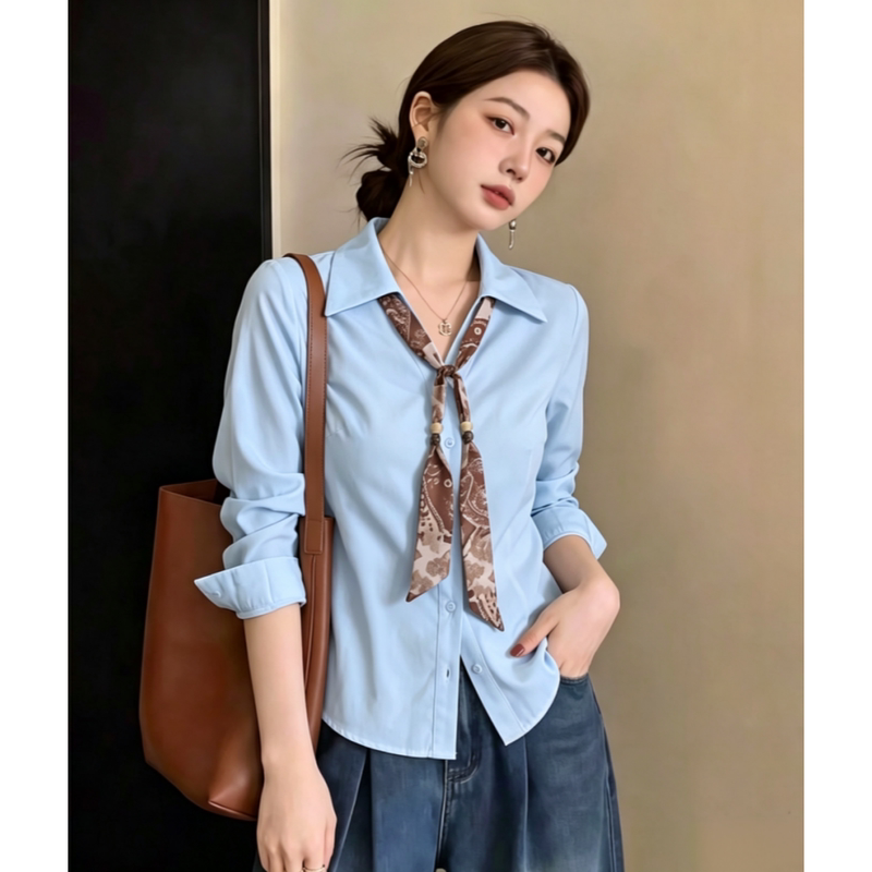 Light Blue Silk Scarf Ribbon Long-Sleeved Shirt for Women 2026 New Early Autumn Plus Size Fat mm Waist-Cinching Simple Workwear Top Light Blue Silk Scarf Ribbon Long-Sleeved Shirt for Women 2026 New Early Autumn Plus Size Fat mm Waist-Cinching Simple Workwear Top