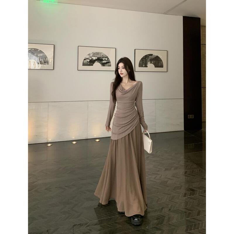 Plus-Size Elegant Patchwork Mesh Dress for Women, Early Autumn 2025, High-End Feel, Draped Neckline, Slim Fit, Inner Knit Long Dress