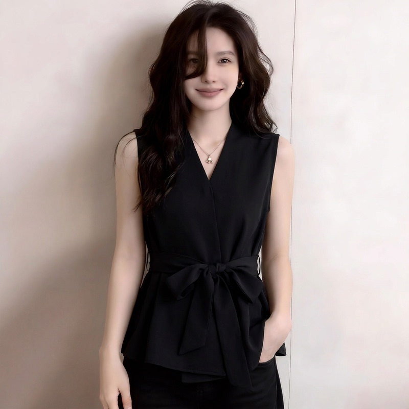 Plus-Size French V-Neck Sleeveless Tie-Waist Shirt for Women, Summer 2026, High-End and Unique, Concealing Body Shape Top for Curvy Women Plus-Size French V-Neck Sleeveless Tie-Waist Shirt for Women, Summer 2026, High-End and Unique, Concealing Body Shape Top for Curvy Women