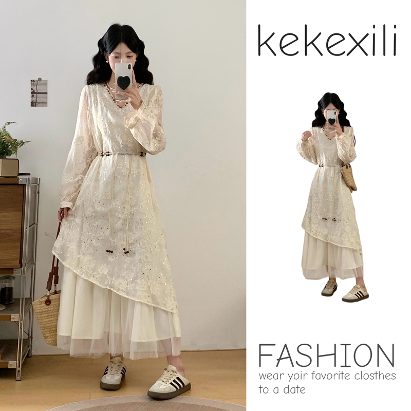 Vacation Style V-Neck Sequined Lace Dress for Women, New Autumn Style, Plus Size, Super Slimming, High-End Dress for Plus-Size Women Vacation Style V-Neck Sequined Lace Dress for Women, New Autumn Style, Plus Size, Super Slimming, High-End Dress for Plus-Size Women