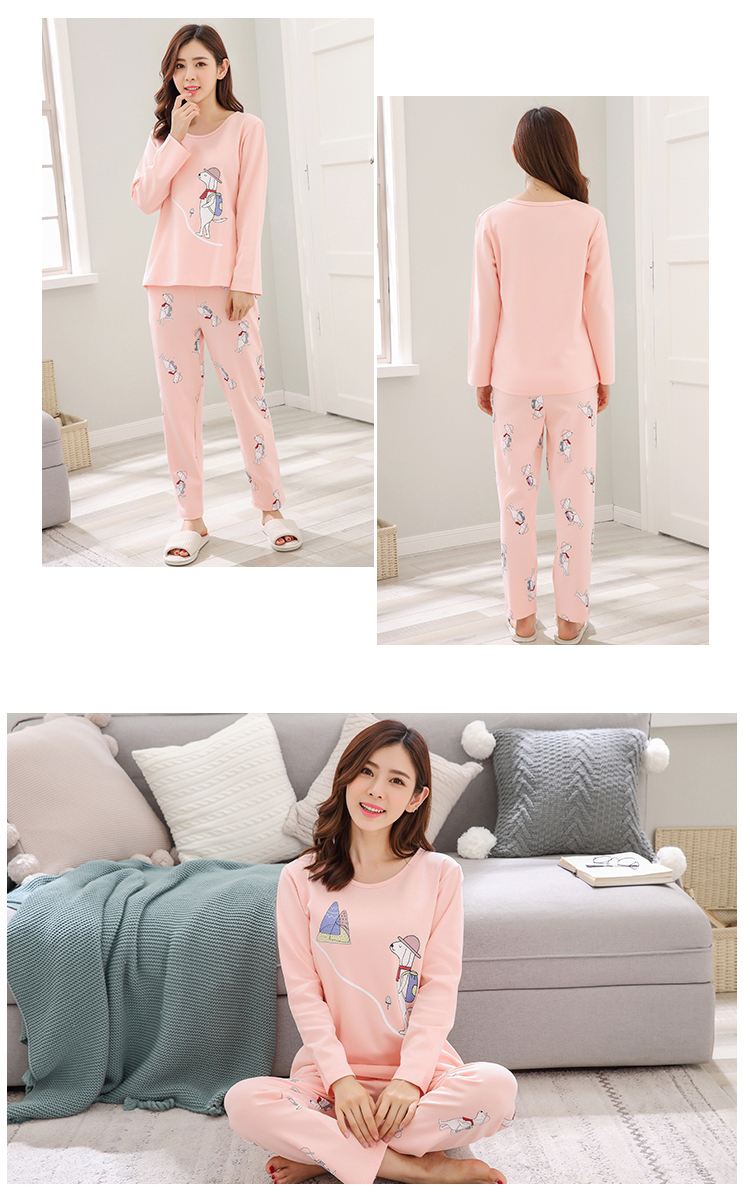 Bộ đồ ngủ dài tay cho phụ nữ mùa xuân và mùa thu cotton phù hợp với hai mảnh đồ lót