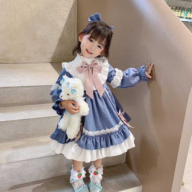 Girls Lolita princess dress children's clothing autumn and winter foreign style girls plus velvet long-sleeved skirt baby autumn dress trendy