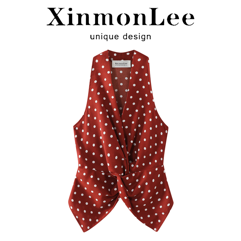 Xinmonlee Spicy Girl Red Polka Dot V-Neck Halter Top with a Stylish Twist, Slimming Sleeveless Top for Summer