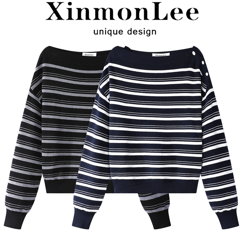 Xinmonlee French-Style Off-Shoulder Korean Knit Sweater with Stripes and Contrasting Colors, Early Autumn Sweater, Versatile and Casual Base Shirt Xinmonlee French-Style Off-Shoulder Korean Knit Sweater with Stripes and Contrasting Colors, Early Autumn Sweater, Versatile and Casual Base Shirt