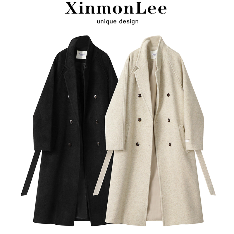 Xinmonlee This Year's Popular Mid-Length Woolen Coat for Women, New Winter Korean Style Thickened Black Coat