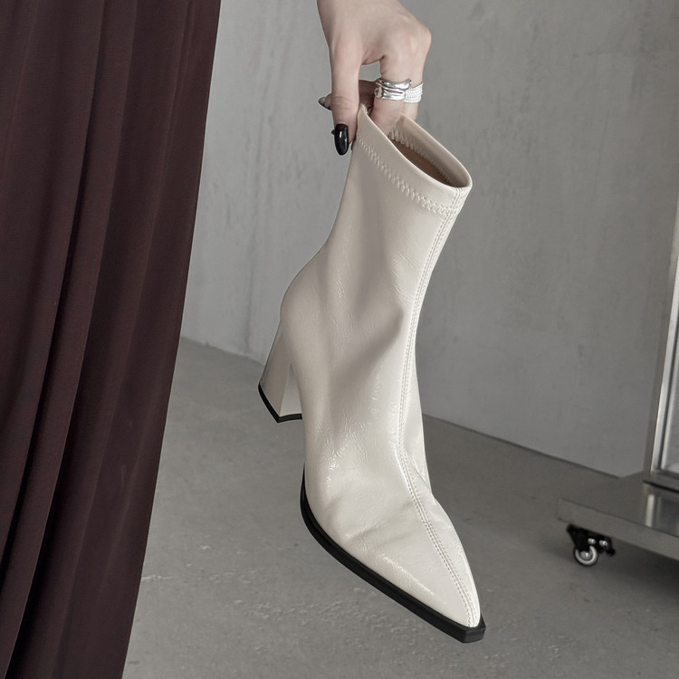 Pointed-Toe Chunky Heel Stretch Boots for Women, Short High-Heeled Sock Boots, Simple and Slimming, with a High-End Feel Pointed-Toe Chunky Heel Stretch Boots for Women, Short High-Heeled Sock Boots, Simple and Slimming, with a High-End Feel