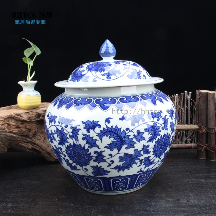 Large ceramic jar Jingdezhen blue and white porcelain storage jar rice jar tea jar with lid pickled vegetable jar herbal jar