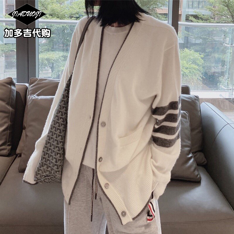 thom browne autumn and winter new trend loose men's and women's knitwear TB four-bar casual wool coat cardigan