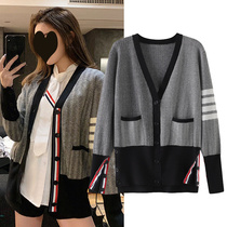 Thom Browne new pinstripe color v-neck loose knit cardigan tb loose sweater jacket for men and women