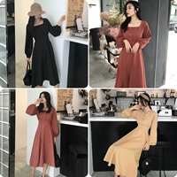 Mùa thu phụ nữ 2018 new retro Hồng Kông hương vị phần dài eo dài tay áo đầm quảng trường cổ áo đèn lồng tay áo Một từ váy thủy triều váy đầm