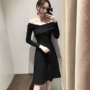 Mùa thu 2018 mới Hồng Kông hương vị chic sexy V-Cổ slim slimming dress nữ triều quây knit váy đen váy xếp ly dài