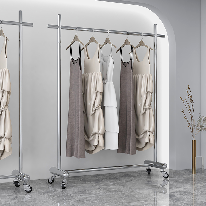 Clothing store display rack stainless steel brushed floor-standing clothes rack display hanger women's clothing rack mobile with wheels