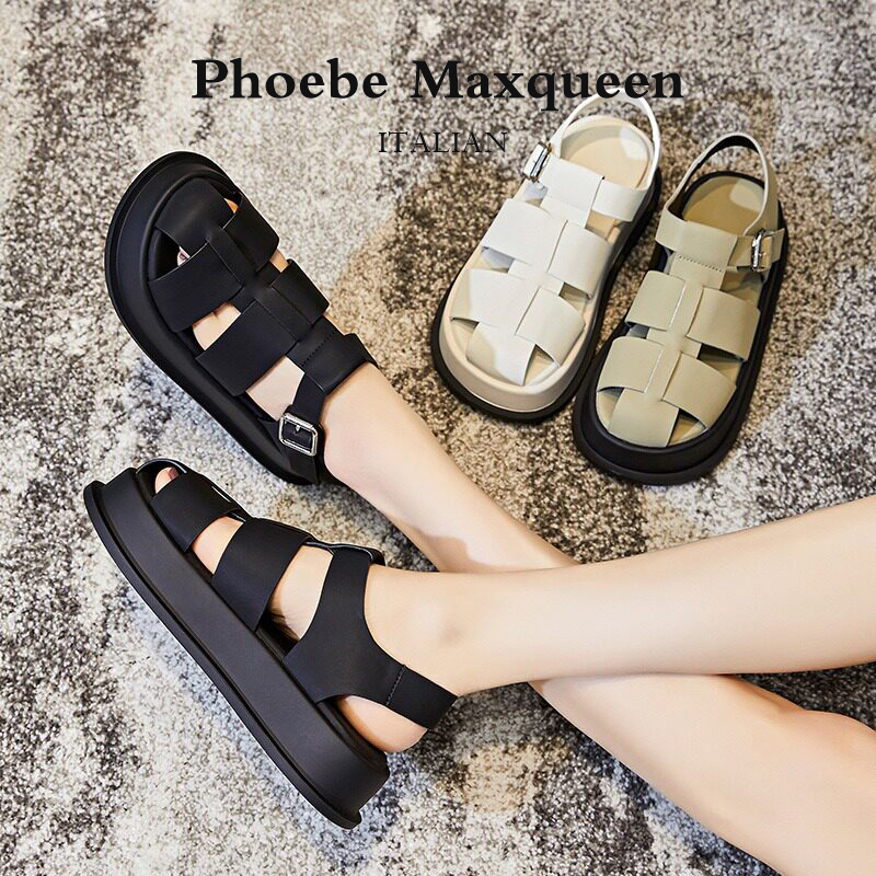 Italian Maxqueen Closed-Toe Roman Sandals for Women, New Summer Style, Platform Thick Sole, Round Toe, Black, Versatile