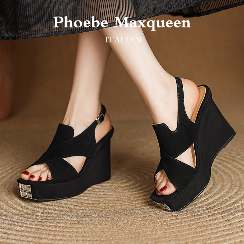 Italian Maxqueen Simple Style Wedge Heel Thick-Soled Open-Toe Sandals for Women with Waterproof Platform and Sexy High Heels