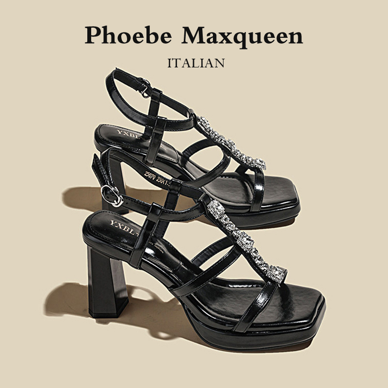 Italian Maxqueen New Rhinestone Strap Sandals for Women with Chunky Heels, Open-Toe Platform, and Elegant High Heels