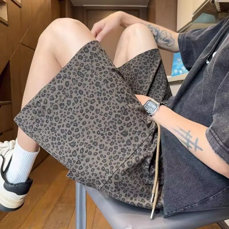 American-Style Camouflage Leopard Print Shorts for Men, Summer Thin Quick-Drying Beach Pants, American Retro Workwear Five-Point Shorts