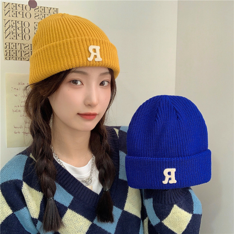 Jesenný a zimný teplý všestranný párový pulóver vlnená čiapka Pletená čiapka s písmenom R_voghion.com