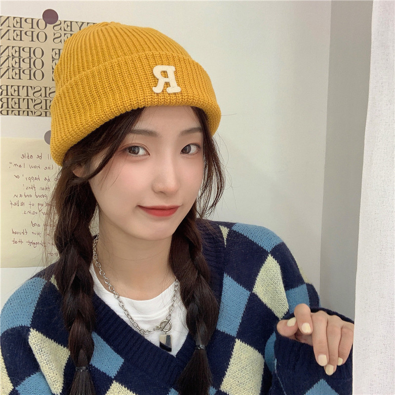 Jesenný a zimný teplý všestranný párový pulóver vlnená čiapka Pletená čiapka s písmenom R_voghion.com