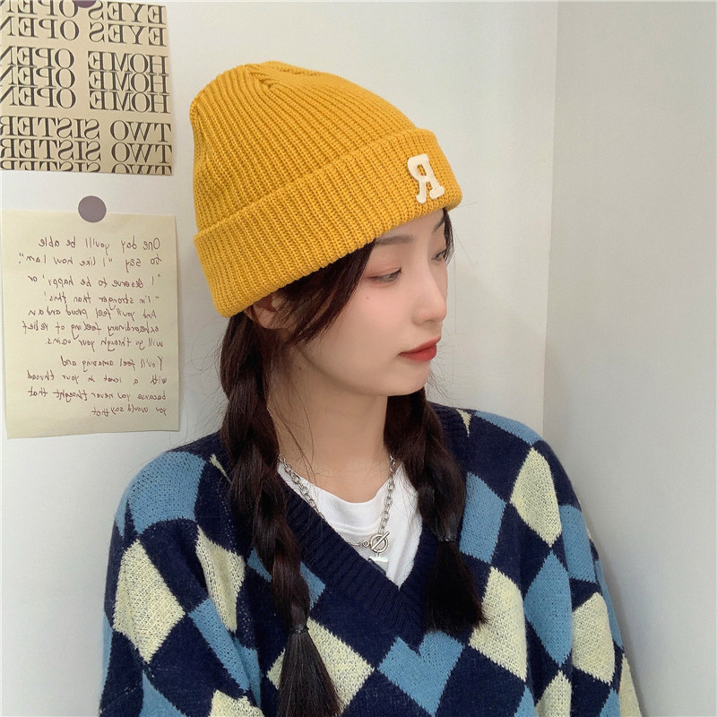 Jesenný a zimný teplý všestranný párový pulóver vlnená čiapka Pletená čiapka s písmenom R_voghion.com