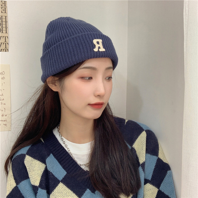 Jesenný a zimný teplý všestranný párový pulóver vlnená čiapka Pletená čiapka s písmenom R_voghion.com