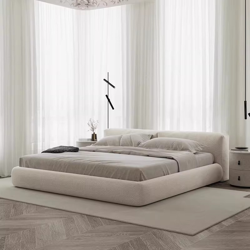 Italian-Style Wabi-Sabi Minimalist Tatami Bed, Cream-Colored Tofu Block Matte Fabric Bed, Master Bedroom Double Bed, Wedding Bed Italian-Style Wabi-Sabi Minimalist Tatami Bed, Cream-Colored Tofu Block Matte Fabric Bed, Master Bedroom Double Bed, Wedding Bed