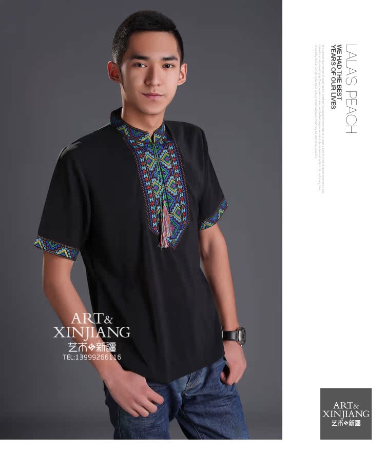 Áo sơ mi nam thêu tay ngắn đẹp trai cổ áo đứng 2019 áo sơ mi thêu áo thun Tân Cương gió quốc kanway - Áo áo dài tay