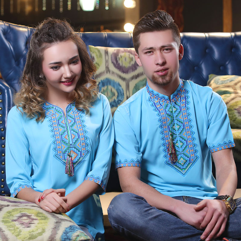 Chiffon shirt women embroidery middle sleeve couple high-end embroidered shirt Xinjiang ethnic characteristics male work performance clothing