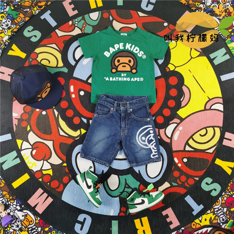 [Spot] Lemon Mom Customized Green Monkey Monkey Hot Banana Monkey T-shirt Denim Quần short Thun Eo - Quần jean