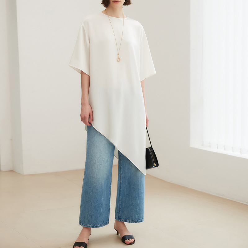 Open-Front/Satin Double-Sided Glossy Drape Acetate Asymmetrical Short-Sleeve Long Top Straight-Leg Air Pants Relaxed Fit Set for Women
