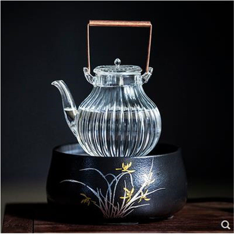 Chrysanthemum petal pattern heat-resistant glass teapot Black crystal furnace Tea maker Copper handle beam pot Boiling kettle