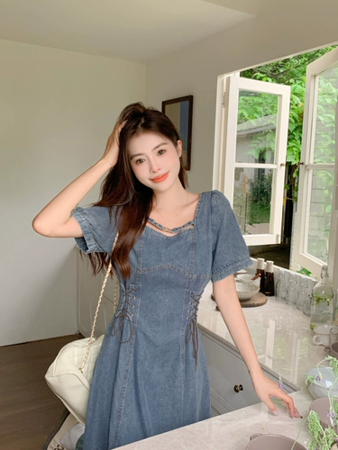 Летний приталенный корсет, джинсовая юбка, длинная юбка, размер, французский стиль, короткий рукав, для формы тела «груша»