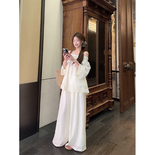 Летний комплект для отдыха, штаны, размер, с вышивкой, открытые плечи, по фигуре