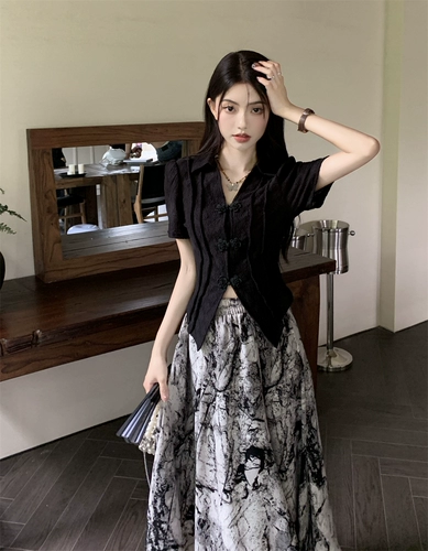 Комплект, летняя рубашка, дизайнерская юбка, китайский стиль, тренд сезона