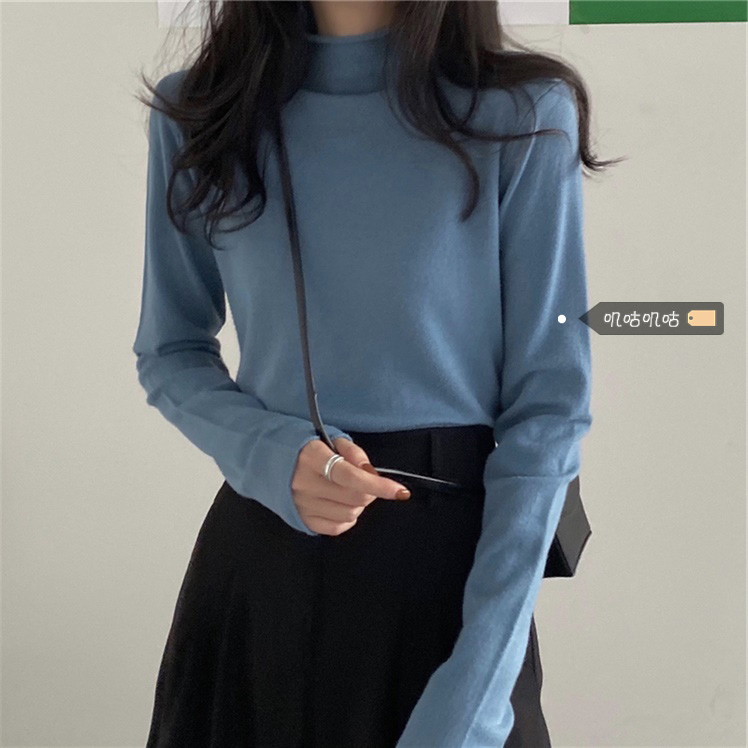 Large size half turtleneck haze blue thin sweater fat mm bottoming shirt women's spring and autumn Western style knitted sweater top