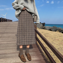 Large size skirt womens fat mm autumn and winter hips skirt thin foreign atmosphere High waist hairy long plaid A- line dress