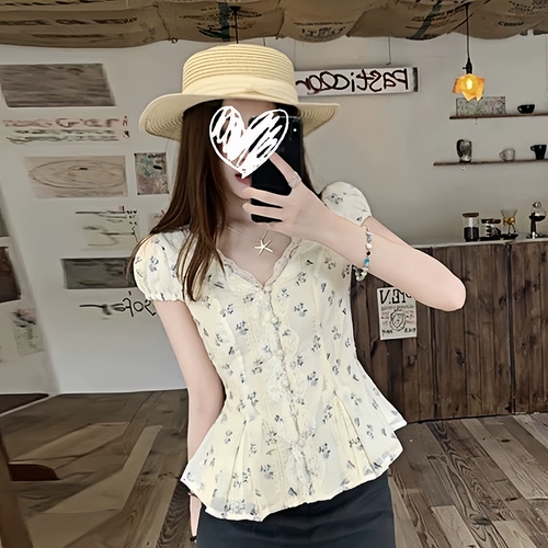 Кружевная летняя рубашка, размер, французский стиль, V-образный вырез, с вышивкой, цветочный принт, по фигуре