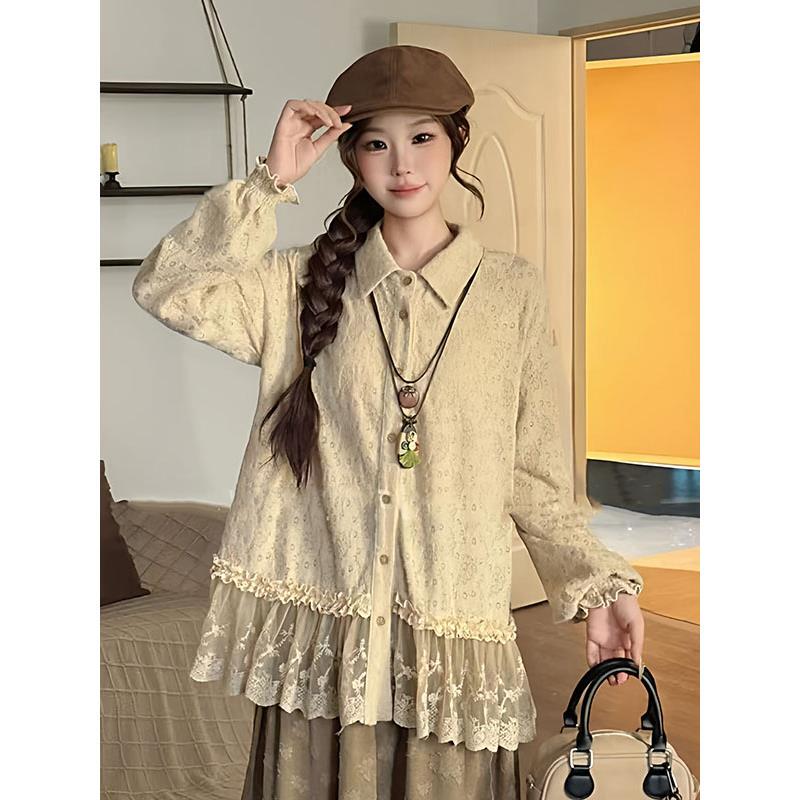 Plus Size French Lace Long-Sleeved Shirt for Women, Spring 2026 New Style, Loose and Slimming Top for Chubby Girls, Unique Shirt