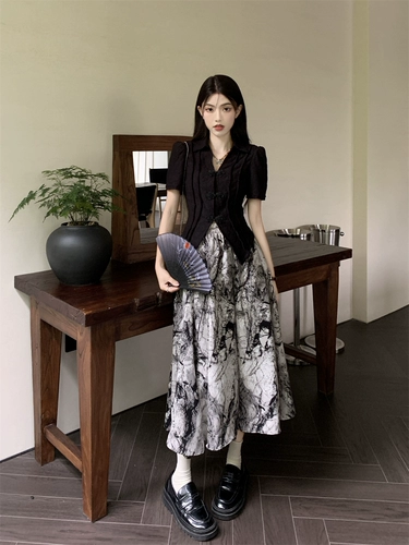 Комплект, летняя рубашка, дизайнерская юбка, китайский стиль, тренд сезона