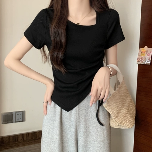 Дизайнерская летняя футболка с коротким рукавом, большой размер, тренд сезона, на шнурках, по фигуре