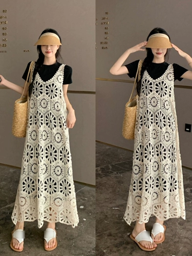 Летний жилет, длинная юбка, черная футболка, платье-футболка, комплект, размер, по фигуре