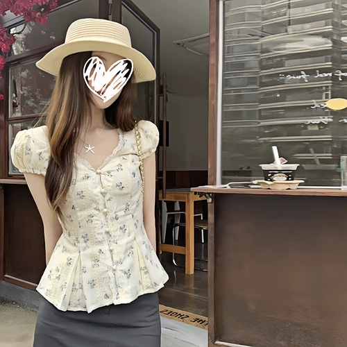 Кружевная летняя рубашка, размер, французский стиль, V-образный вырез, с вышивкой, цветочный принт, по фигуре