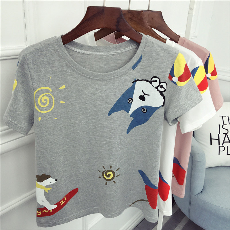 2023 summer new Korean style t-shirt women's short-sleeved loose all-match cartoon print student ulzzang top tide
