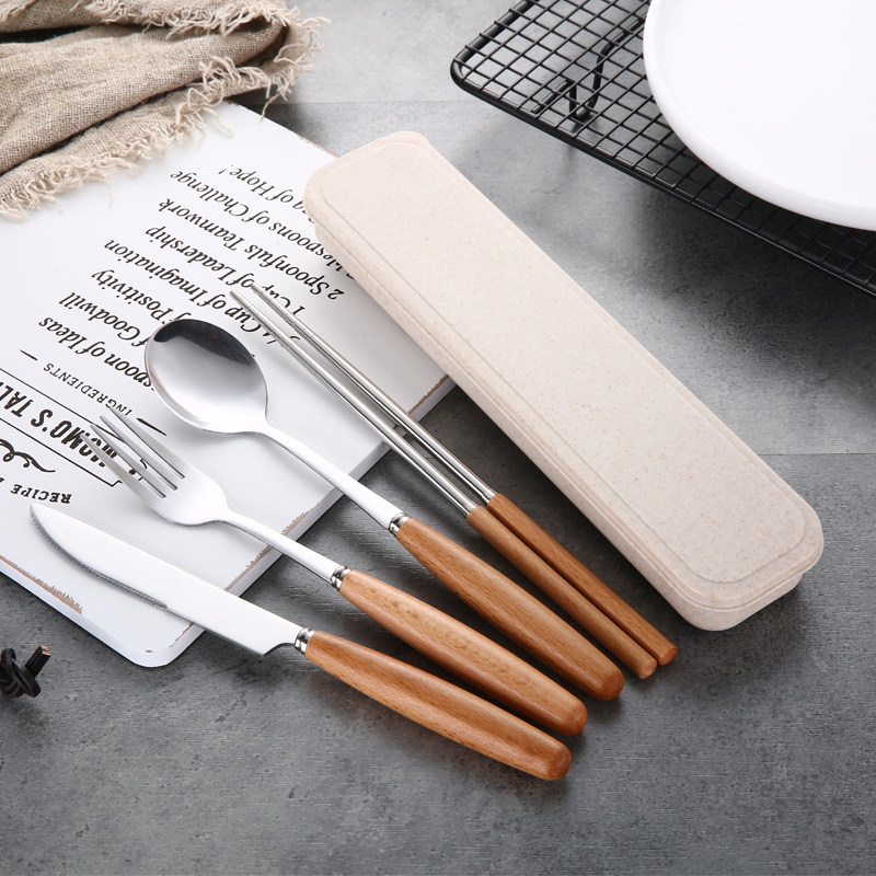 Wood handle Western dining with stainless steel knife fork spoon chopstick four pieces of portable box adult student travel cutlery set
